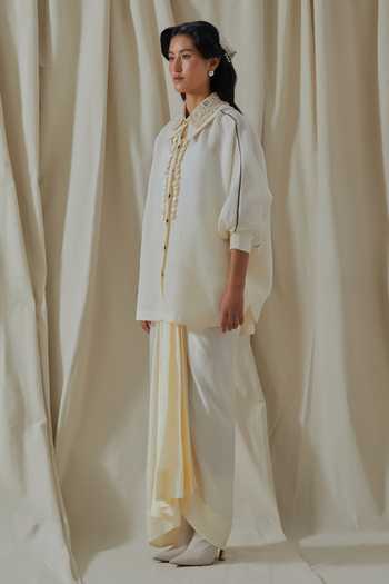 Buy_Aseem Kapoor_White Linen, Silk Collared Mandala Placement Embroidered Shirt And Skirt Set _Online_at_Aza_Fashions