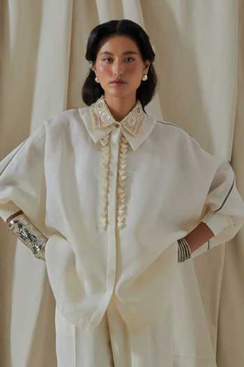 Aseem Kapoor_White Linen, Silk Collared Mandala Placement Embroidered Shirt And Trouser Set _at_Aza_Fashions