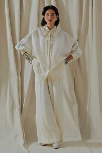 Buy_Aseem Kapoor_White Linen, Silk Collared Mandala Placement Embroidered Shirt And Trouser Set _at_Aza_Fashions