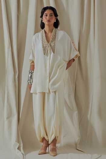 Buy_Aseem Kapoor_White Silk V-neck Placement Embroidered Shirt And Dhoti Pant Set _at_Aza_Fashions