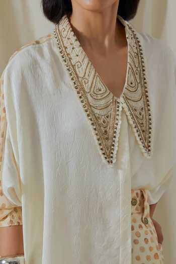 Buy_Aseem Kapoor_White Silk, Twill Split V-neck Mandala Placement Embroidered Shirt And Shorts Set _Online_at_Aza_Fashions
