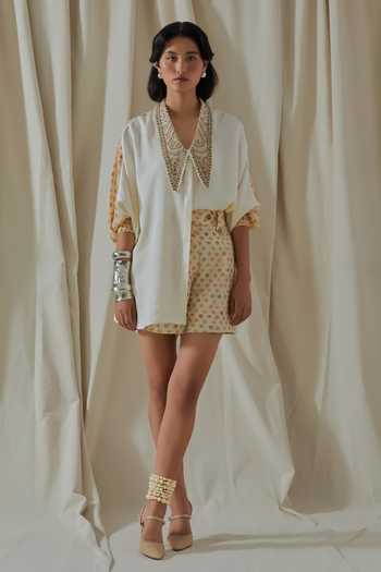 Buy_Aseem Kapoor_White Silk, Twill Split V-neck Mandala Placement Embroidered Shirt And Shorts Set _at_Aza_Fashions