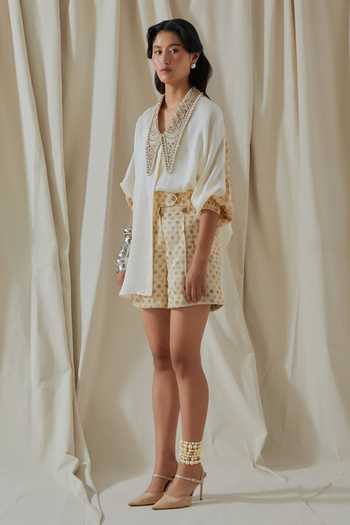 Shop_Aseem Kapoor_White Silk, Twill Split V-neck Mandala Placement Embroidered Shirt And Shorts Set _Online_at_Aza_Fashions