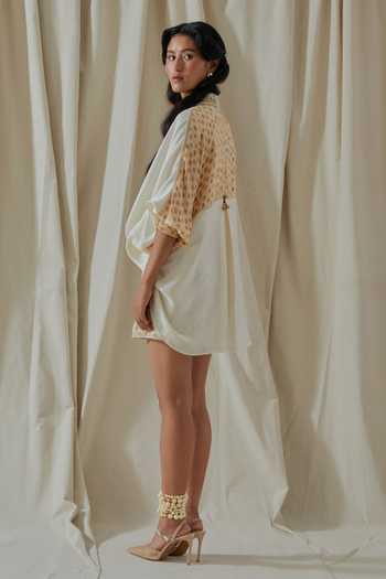 Shop_Aseem Kapoor_White Silk, Twill Split V-neck Mandala Placement Embroidered Shirt And Shorts Set _at_Aza_Fashions