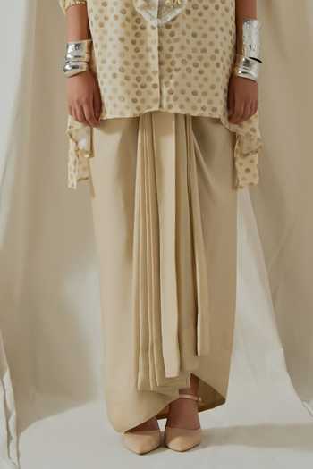 Aseem Kapoor_Beige Crepe, Silk Collared Atri Printed Shirt And Draped Skirt Set _Online_at_Aza_Fashions