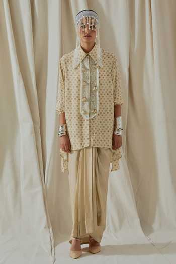 Buy_Aseem Kapoor_Beige Crepe, Silk Collared Atri Printed Shirt And Draped Skirt Set _at_Aza_Fashions