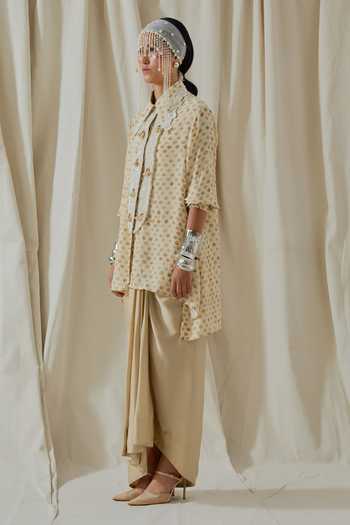 Aseem Kapoor_Beige Crepe, Silk Collared Atri Printed Shirt And Draped Skirt Set _at_Aza_Fashions