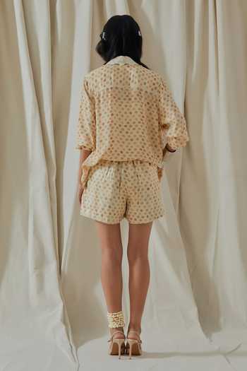 Shop_Aseem Kapoor_Beige Crepe, Twill Collared Atri Printed Shirt And Shorts Set _at_Aza_Fashions