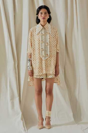 Aseem Kapoor_Beige Crepe, Twill Collared Atri Printed Shirt And Shorts Set _at_Aza_Fashions
