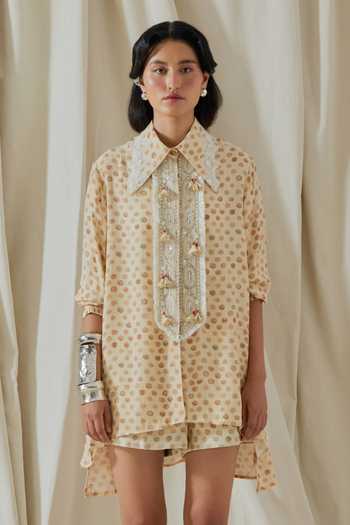 Buy_Aseem Kapoor_Beige Crepe, Twill Collared Atri Printed Shirt And Shorts Set 