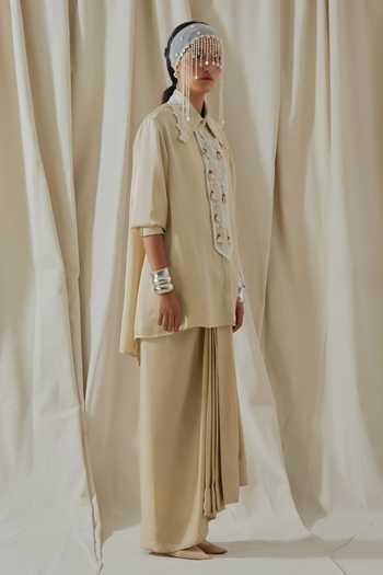 Buy_Aseem Kapoor_Beige Silk Collared Atri Printed Shirt And Skirt Set _Online_at_Aza_Fashions