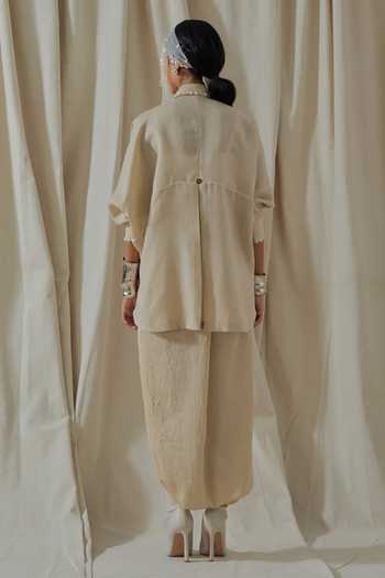 Shop_Aseem Kapoor_Beige Linen, Silk Collared Mandala Embroidered Shirt And Dhoti Pant Set _at_Aza_Fashions