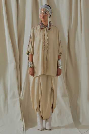 Buy_Aseem Kapoor_Blue Silk Mandarin Collar Mandala Embroidered Shirt And Dhoti Pant Set _at_Aza_Fashions