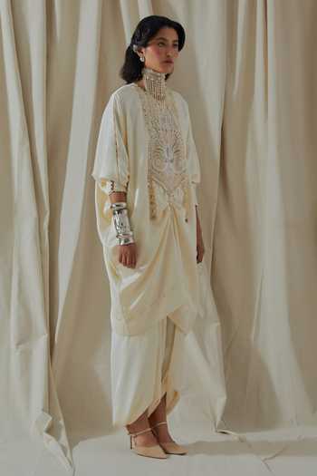 Shop_Aseem Kapoor_White Silk High Neck Tashan Embroidered Kurta And Dhoti Pant Set _Online_at_Aza_Fashions