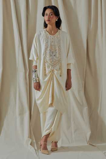 Buy_Aseem Kapoor_White Silk High Neck Tashan Embroidered Kurta And Dhoti Pant Set _at_Aza_Fashions