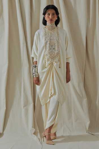 Aseem Kapoor_White Silk High Neck Tashan Embroidered Kurta And Dhoti Pant Set _at_Aza_Fashions