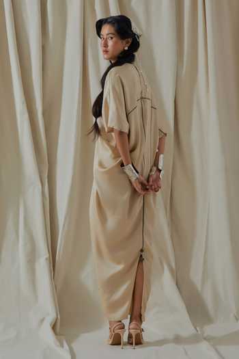 Shop_Aseem Kapoor_Beige Silk V-neck Zia Trapeze Textured Draped Dress _at_Aza_Fashions