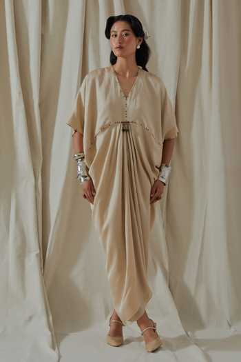 Buy_Aseem Kapoor_Beige Silk V-neck Zia Trapeze Textured Draped Dress _at_Aza_Fashions