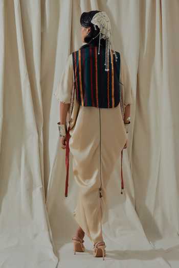 Shop_Aseem Kapoor_Beige Silk, Satin V-, Round Zuri Embroidered Kaftan With Gilet _at_Aza_Fashions