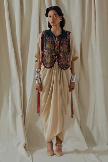 Buy_Aseem Kapoor_Beige Silk, Satin V-, Round Zuri Embroidered Kaftan With Gilet _at_Aza_Fashions