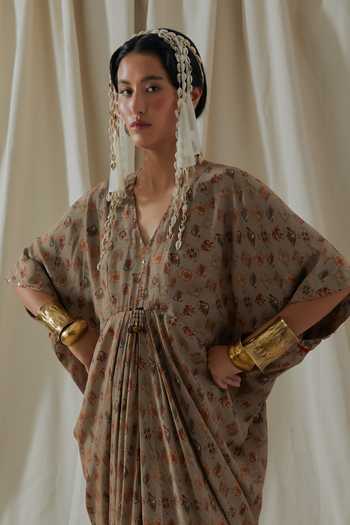 Aseem Kapoor_Beige Crepe V-neck Zia Trapeze Printed Draped Dress _at_Aza_Fashions