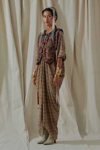 Buy_Aseem Kapoor_Beige Crepe, Satin V-, Round Zuri Printed Draped Kaftan With Gilet _Online_at_Aza_Fashions