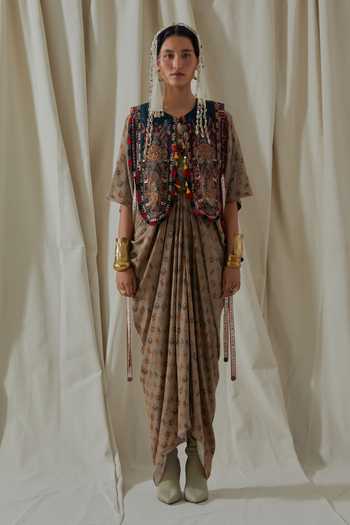 Buy_Aseem Kapoor_Beige Crepe, Satin V-, Round Zuri Printed Draped Kaftan With Gilet _at_Aza_Fashions