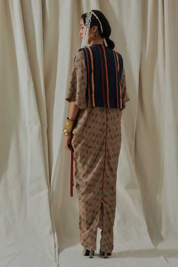 Shop_Aseem Kapoor_Beige Crepe, Satin V-, Round Zuri Printed Draped Kaftan With Gilet _at_Aza_Fashions