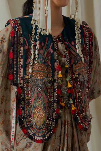 Aseem Kapoor_Beige Crepe, Satin V-, Round Zuri Printed Draped Kaftan With Gilet _Online