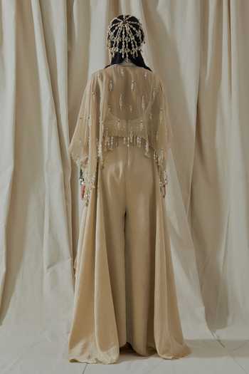 Shop_Aseem Kapoor_Beige Organza Open Neck Veni Embroidered Jumpsuit And Jacket _at_Aza_Fashions