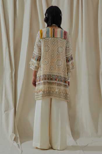 Shop_Aseem Kapoor_White Organza, Silk High Neck Mitra Embroidered Short Kurta And Palazzo Set _at_Aza_Fashions