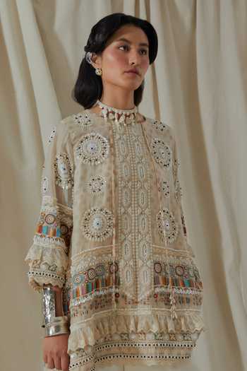 Aseem Kapoor_White Organza, Silk High Neck Mitra Embroidered Short Kurta And Palazzo Set _at_Aza_Fashions