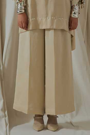 Aseem Kapoor_Beige Silk Round Neck, Yes Mitra Embroidered Kurta And Palazzo Set _Online_at_Aza_Fashions