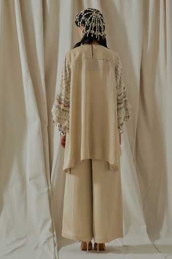 Shop_Aseem Kapoor_Beige Silk Round Neck, Yes Mitra Embroidered Kurta And Palazzo Set _at_Aza_Fashions