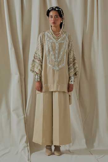 Buy_Aseem Kapoor_Beige Silk Round Neck, Yes Mitra Embroidered Kurta And Palazzo Set _Online_at_Aza_Fashions