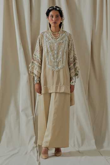 Buy_Aseem Kapoor_Beige Silk Round Neck, Yes Mitra Embroidered Kurta And Palazzo Set _at_Aza_Fashions