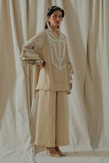 Buy_Aseem Kapoor_Beige Silk Round Neck, Yes Mitra Embroidered Kurta And Palazzo Set 