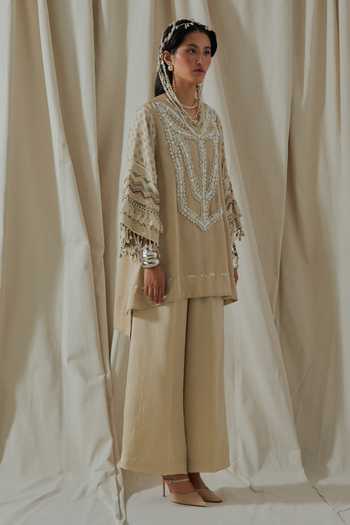 Shop_Aseem Kapoor_Beige Silk Round Neck, Yes Mitra Embroidered Kurta And Palazzo Set 