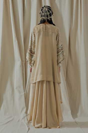 Shop_Aseem Kapoor_Beige Silk Round Neck Mitra Yoke Embroidered Kurta And Skirt Set _at_Aza_Fashions