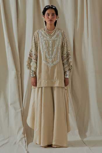Buy_Aseem Kapoor_Beige Silk Round Neck Mitra Yoke Embroidered Kurta And Skirt Set _at_Aza_Fashions