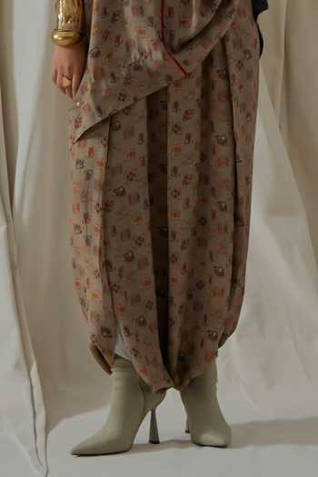Buy_Aseem Kapoor_Beige Crepe Round Neck Kuru Trapeze Printed Kurta And Dhoti Pant Set _Online_at_Aza_Fashions
