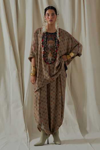 Buy_Aseem Kapoor_Beige Crepe Round Neck Kuru Trapeze Printed Kurta And Dhoti Pant Set _at_Aza_Fashions
