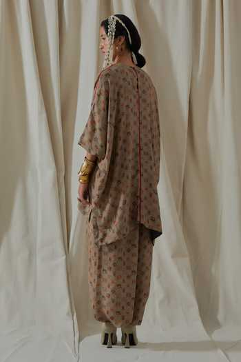 Shop_Aseem Kapoor_Beige Crepe Round Neck Kuru Trapeze Printed Kurta And Dhoti Pant Set _at_Aza_Fashions