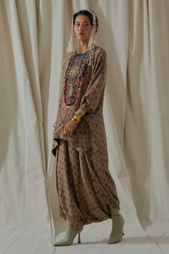 Shop_Aseem Kapoor_Beige Crepe Round Neck Kuru Trapeze Printed Kurta And Dhoti Pant Set _Online_at_Aza_Fashions