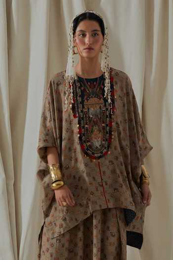 Aseem Kapoor_Beige Crepe Round Neck Kuru Trapeze Printed Kurta And Dhoti Pant Set _at_Aza_Fashions