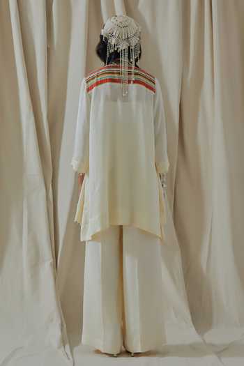 Shop_Aseem Kapoor_White Silk Embroidery, Beads, Tassels Round Mitra Placement Kurta And Palazzo Set _at_Aza_Fashions