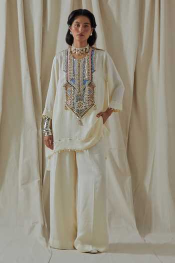 Buy_Aseem Kapoor_White Silk Embroidery, Beads, Tassels Round Mitra Placement Kurta And Palazzo Set _at_Aza_Fashions