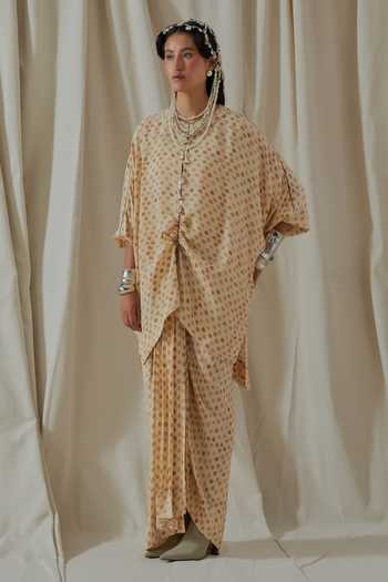 Buy_Aseem Kapoor_Beige Crepe Round Neck Printed Kurta And Skirt Set _at_Aza_Fashions