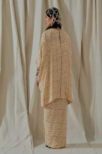 Shop_Aseem Kapoor_Beige Crepe Round Neck Printed Kurta And Skirt Set _at_Aza_Fashions