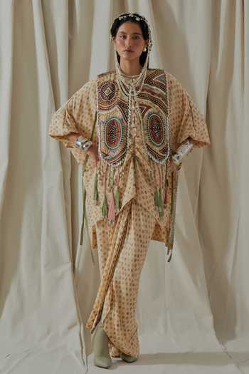 Buy_Aseem Kapoor_Beige Crepe, Silk, Cotton, Satin Round Zuri Resham Embroidered Gilet And Kurta Set _at_Aza_Fashions
